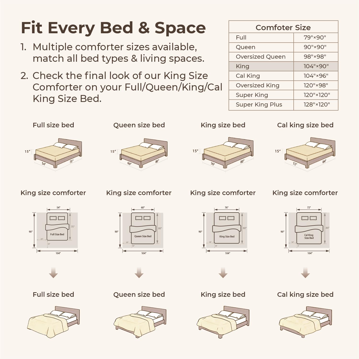 Litanika king size comforter with two beige pillowcases included.