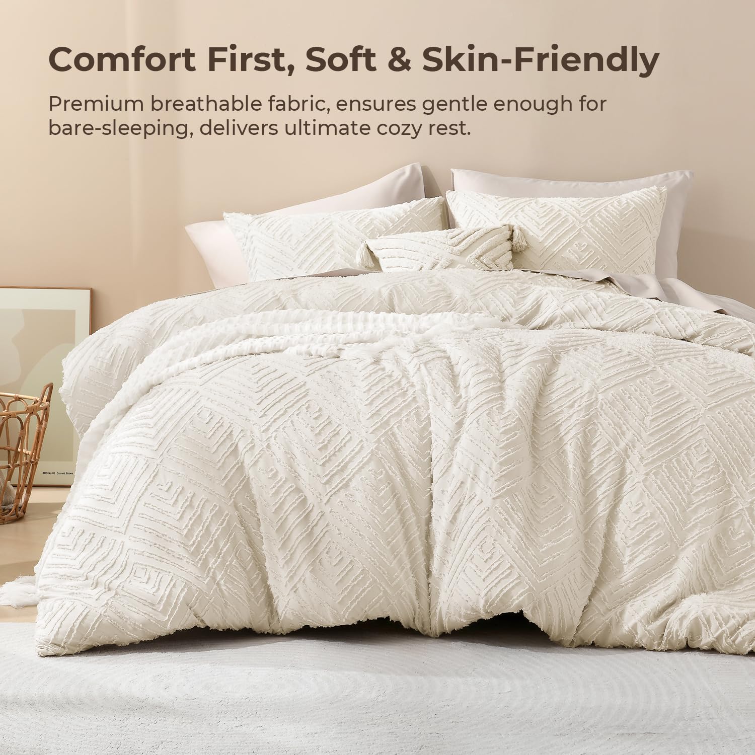Litanika beige comforter tufted detail close-up for added texture.