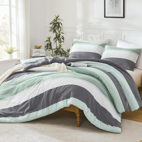 Litanika king size comforter set in sage green stripe for a stylish, cozy bed