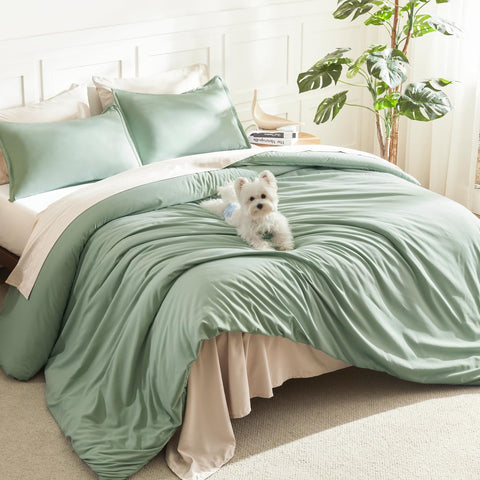Litanika king-size comforter set in sage green adds lightweight warmth and a clean look.