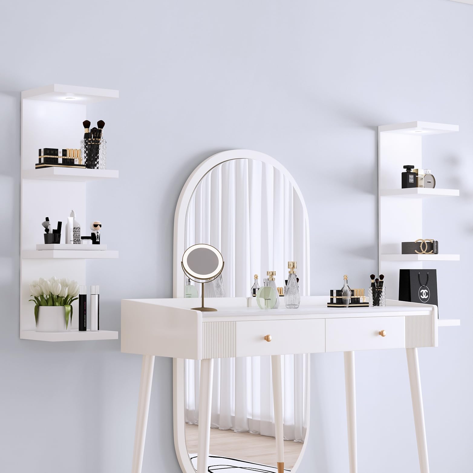 LitaEther white Lack wall shelf with integrated LED lighting for ambient display