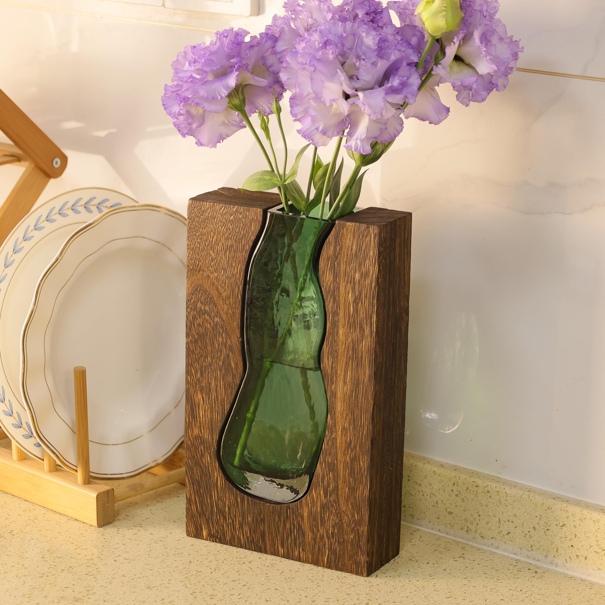 LITIVY wood-glass inlay vase empty showcases minimalist elegance for display.