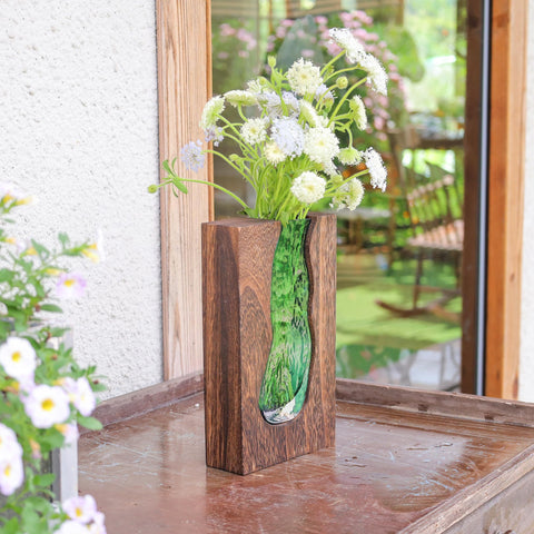 LITIVY wood-glass inlay vase side view showcases rustic-modern fusion.