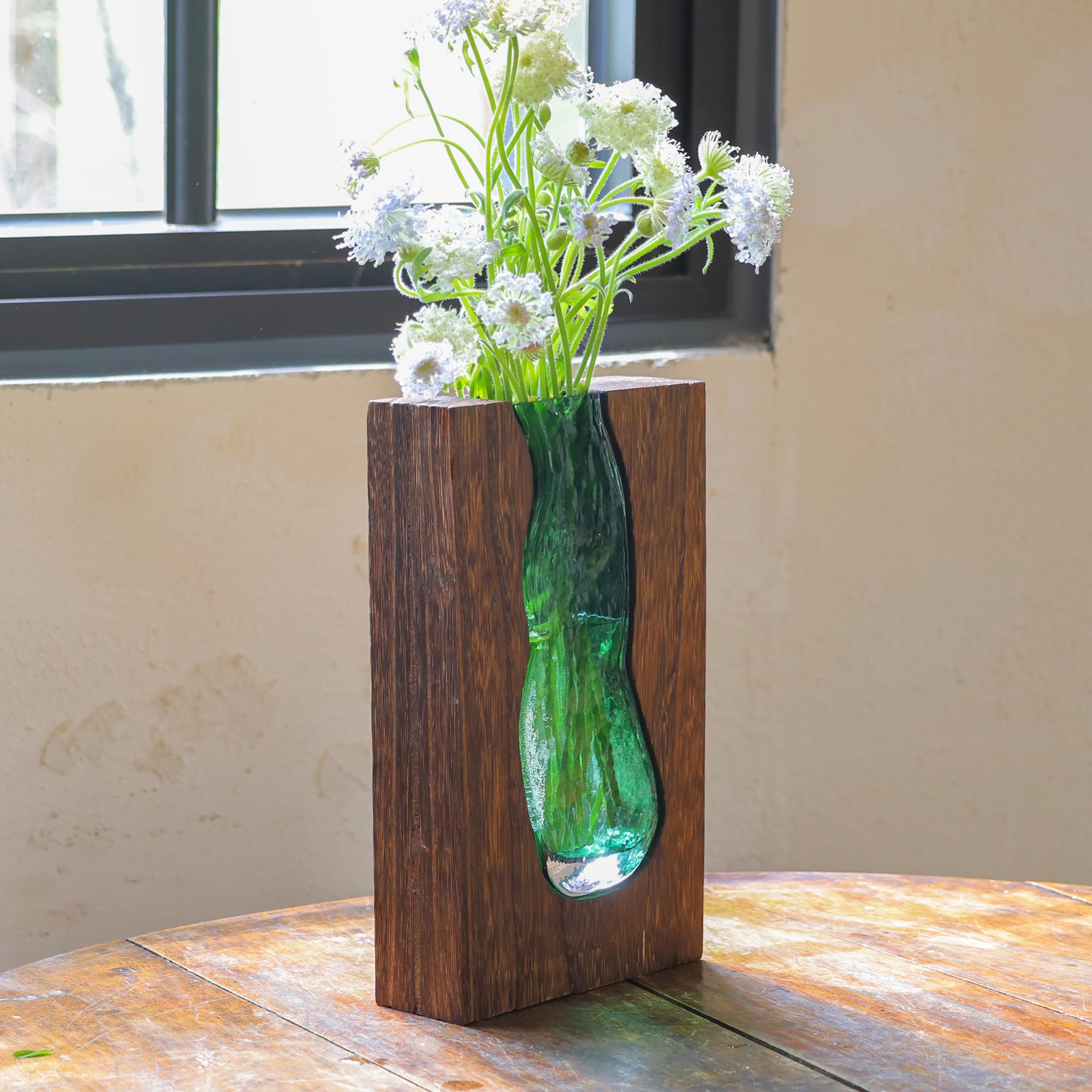 LITIVY wood-glass inlay vase stem support emphasizes tall-stem stability.