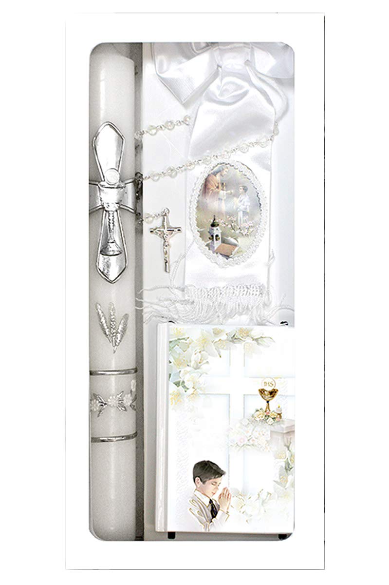 Lito boys First Communion candle with silver cross for ceremonial lighting