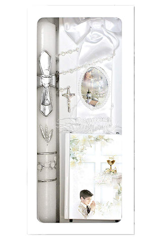 Lito boys First Communion candle with silver cross for ceremonial lighting
