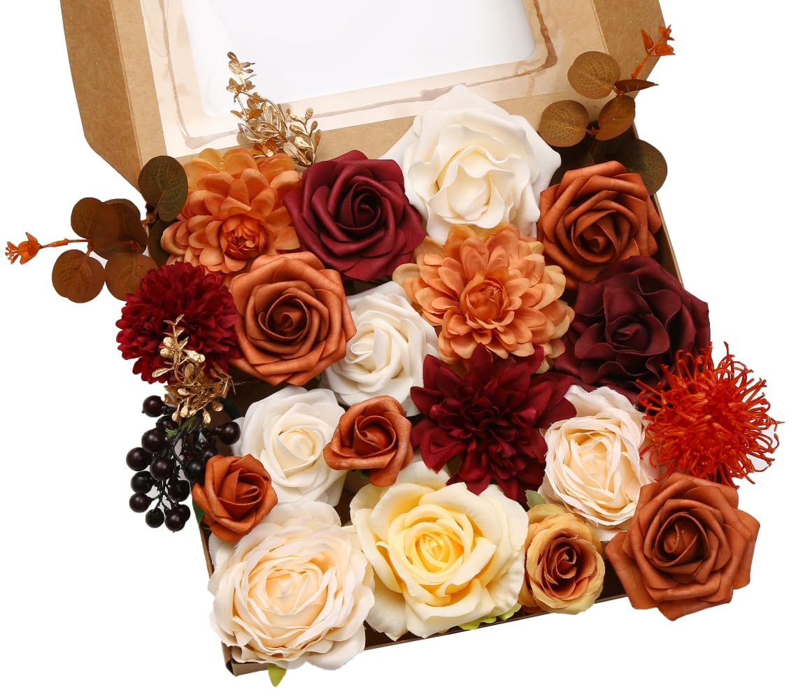 LITOYNAN orange-burgundy artificial flowers boxed set for DIY wedding arrangements.