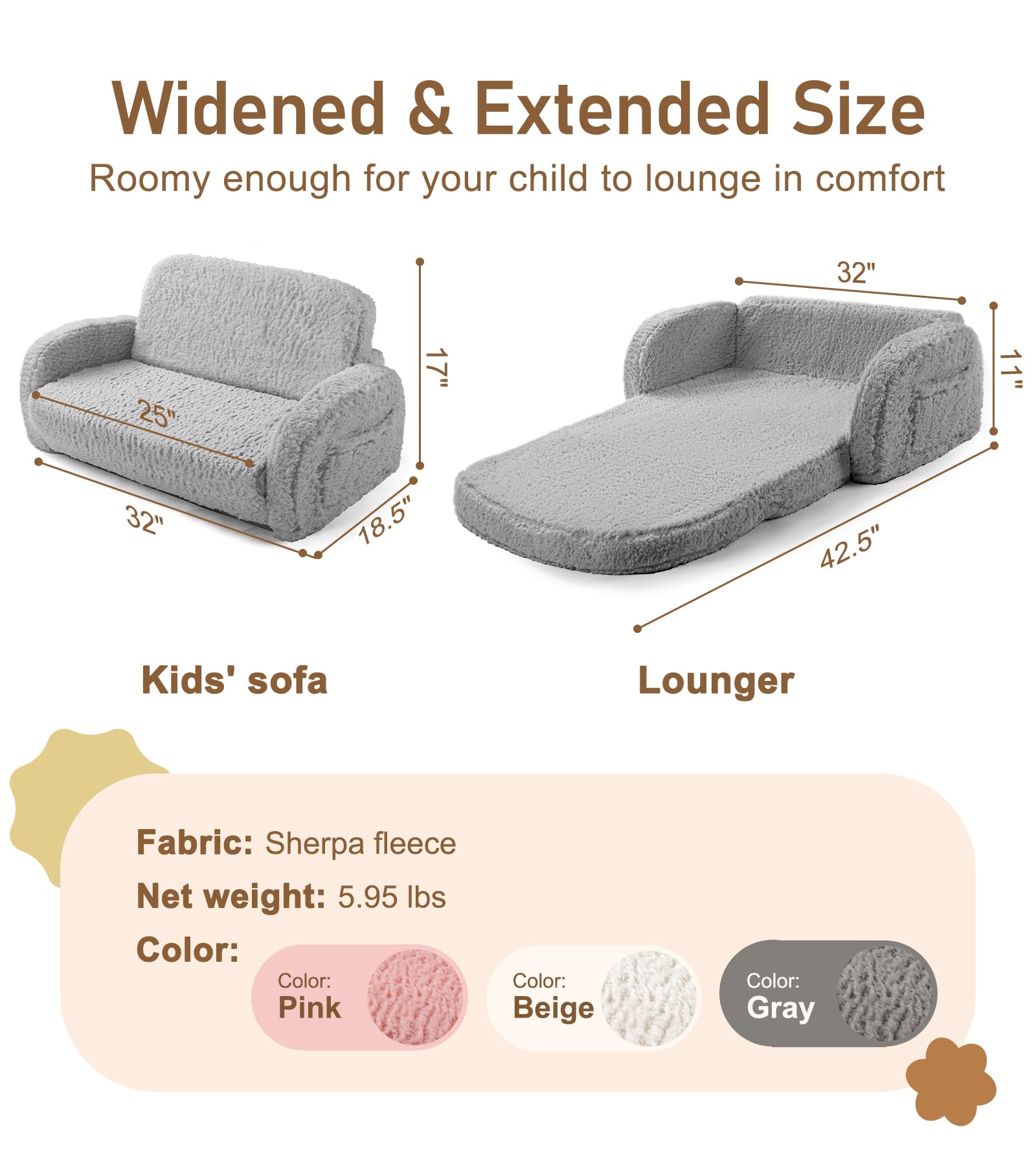 Little Dove 2-in-1 Sherpa fold-out kids couch machine washable cover in gray