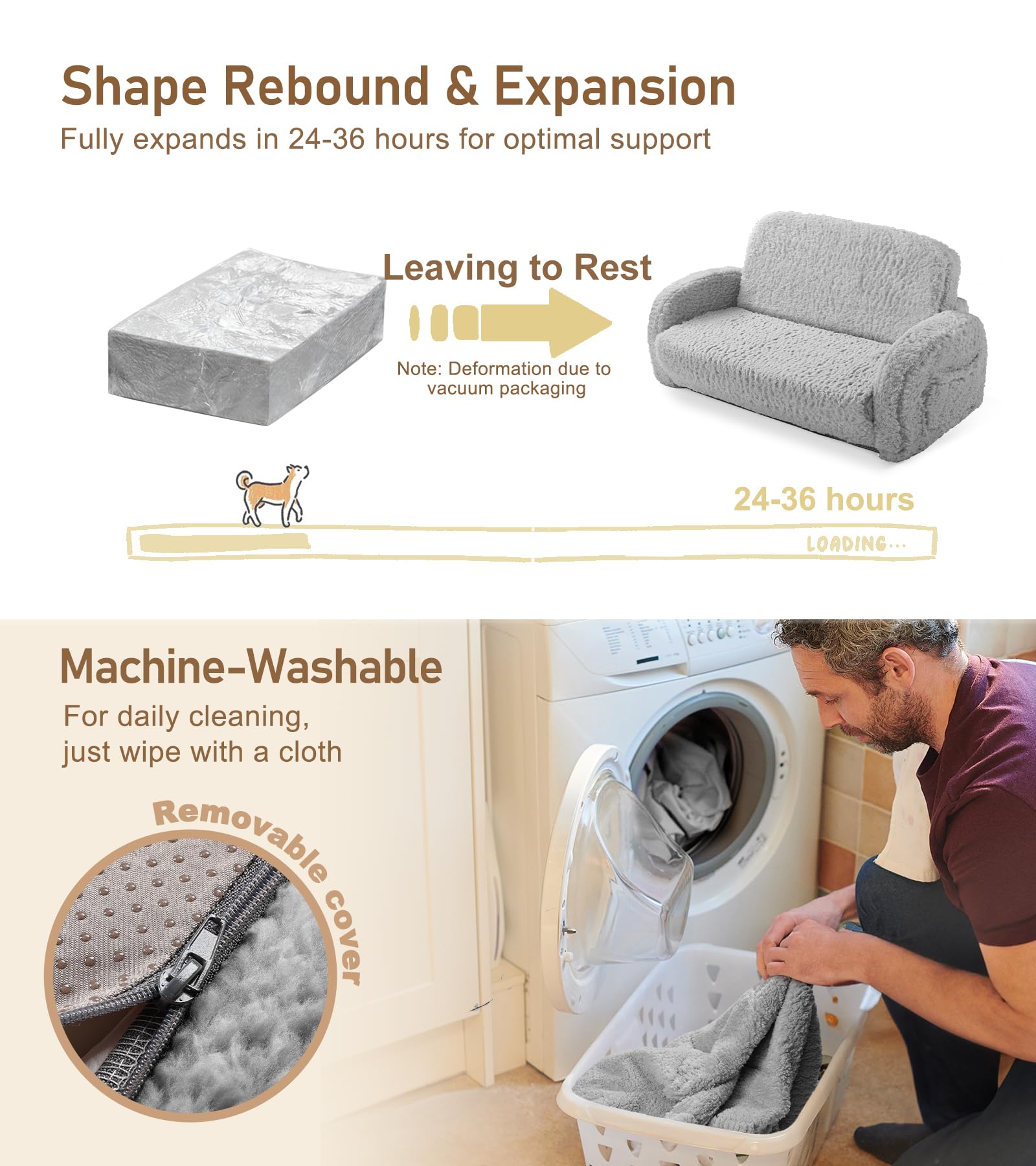 Little Dove 2-in-1 Sherpa fold-out kids couch side pockets for toys and snacks