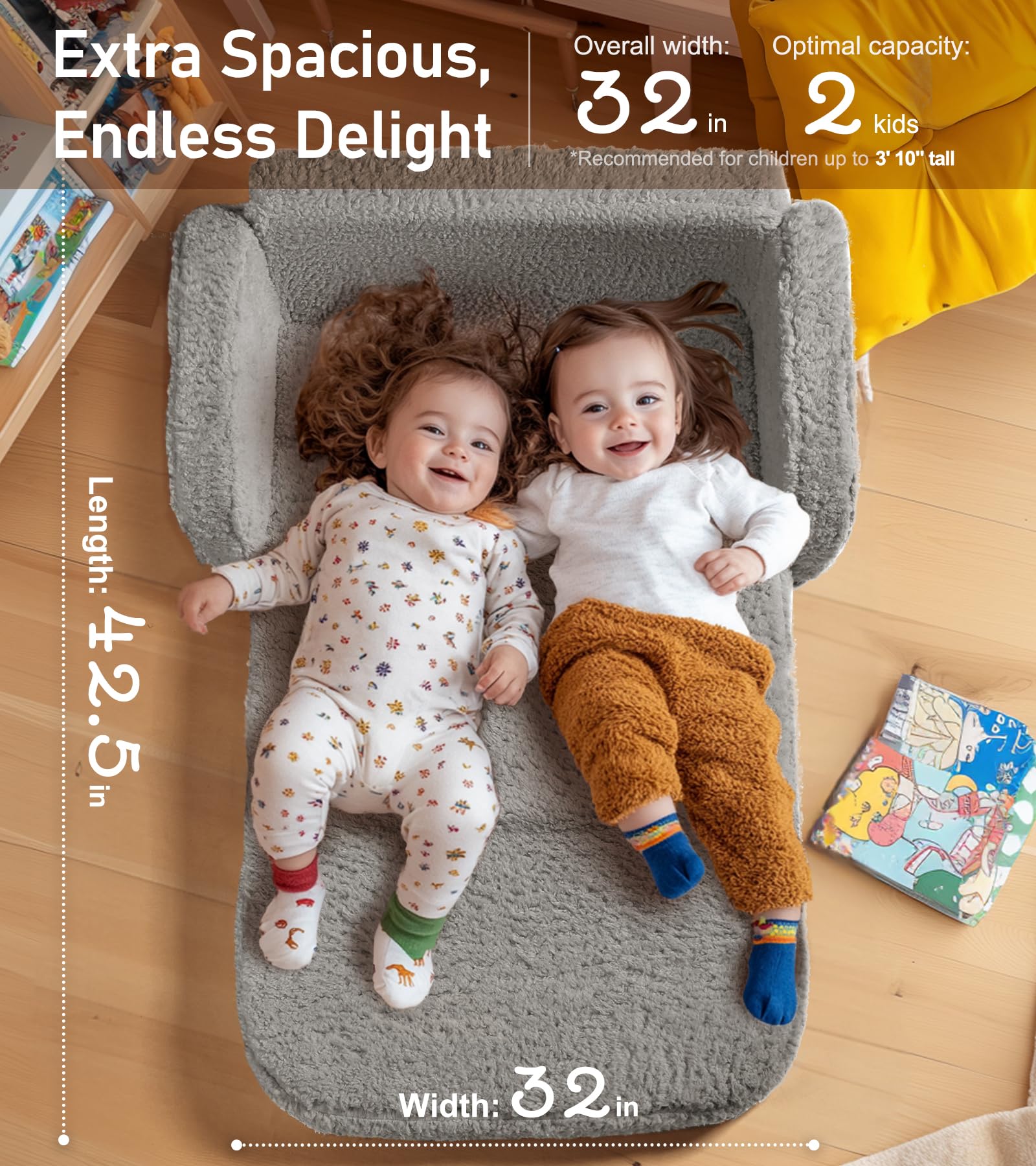 Little Dove 2-in-1 Sherpa fold-out kids couch side view showing extra wide space