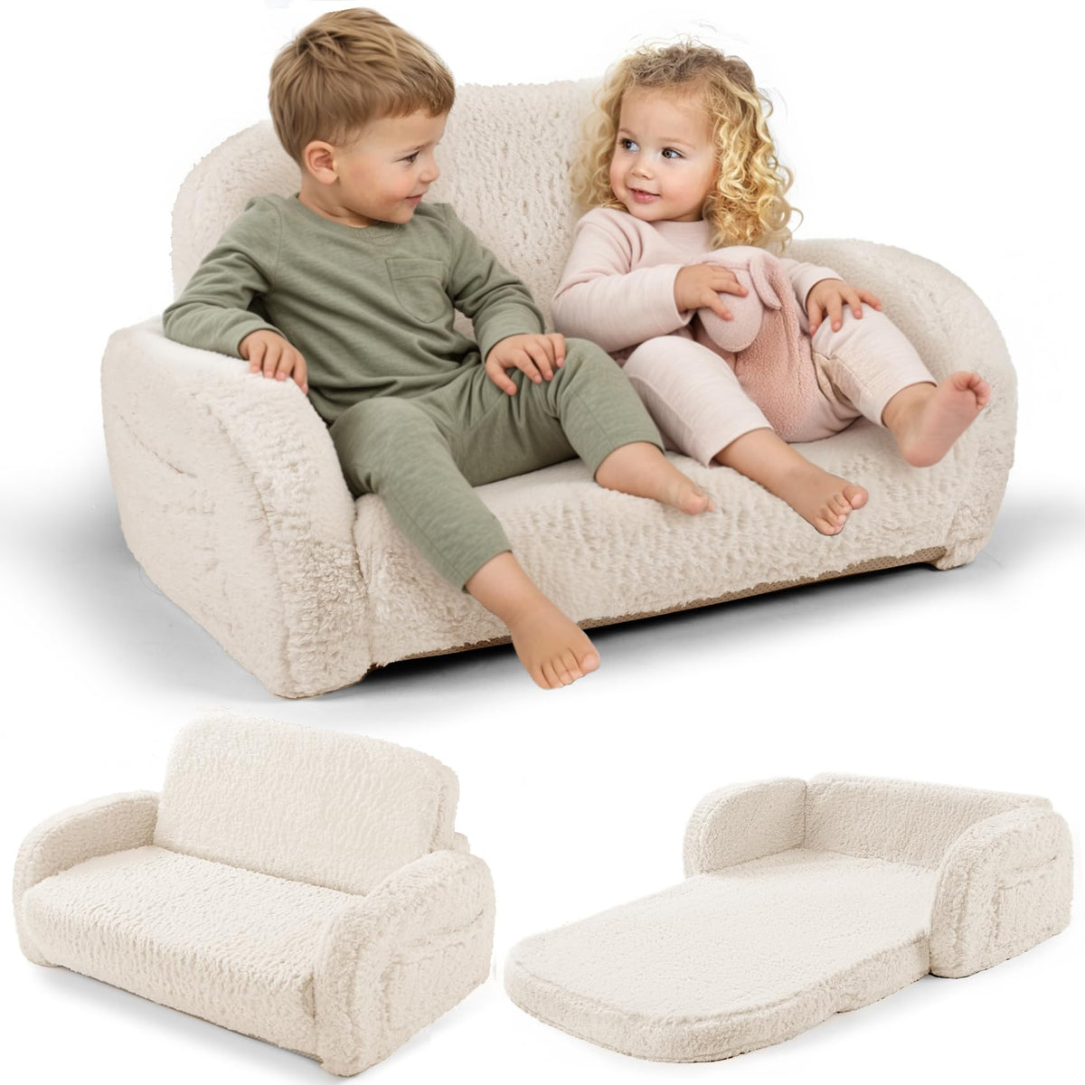 Little Dove sherpa fold-out couch beige for cozy naps and play