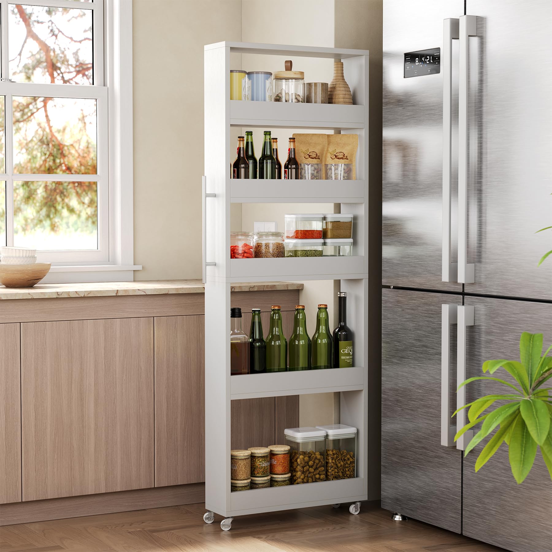 Little Tree 63-inch slim storage cart on wheels showing tall, space-saving design for organized pantry use