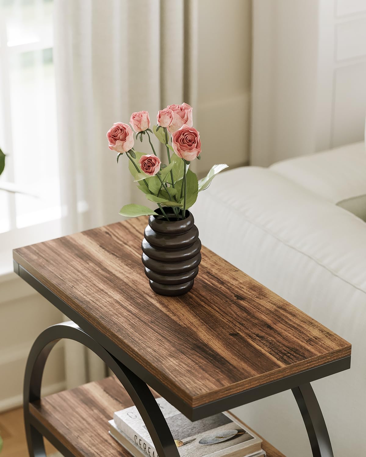 LITTLE TREE End Table displays decor on tiered shelves, ideal for magazines and plants.