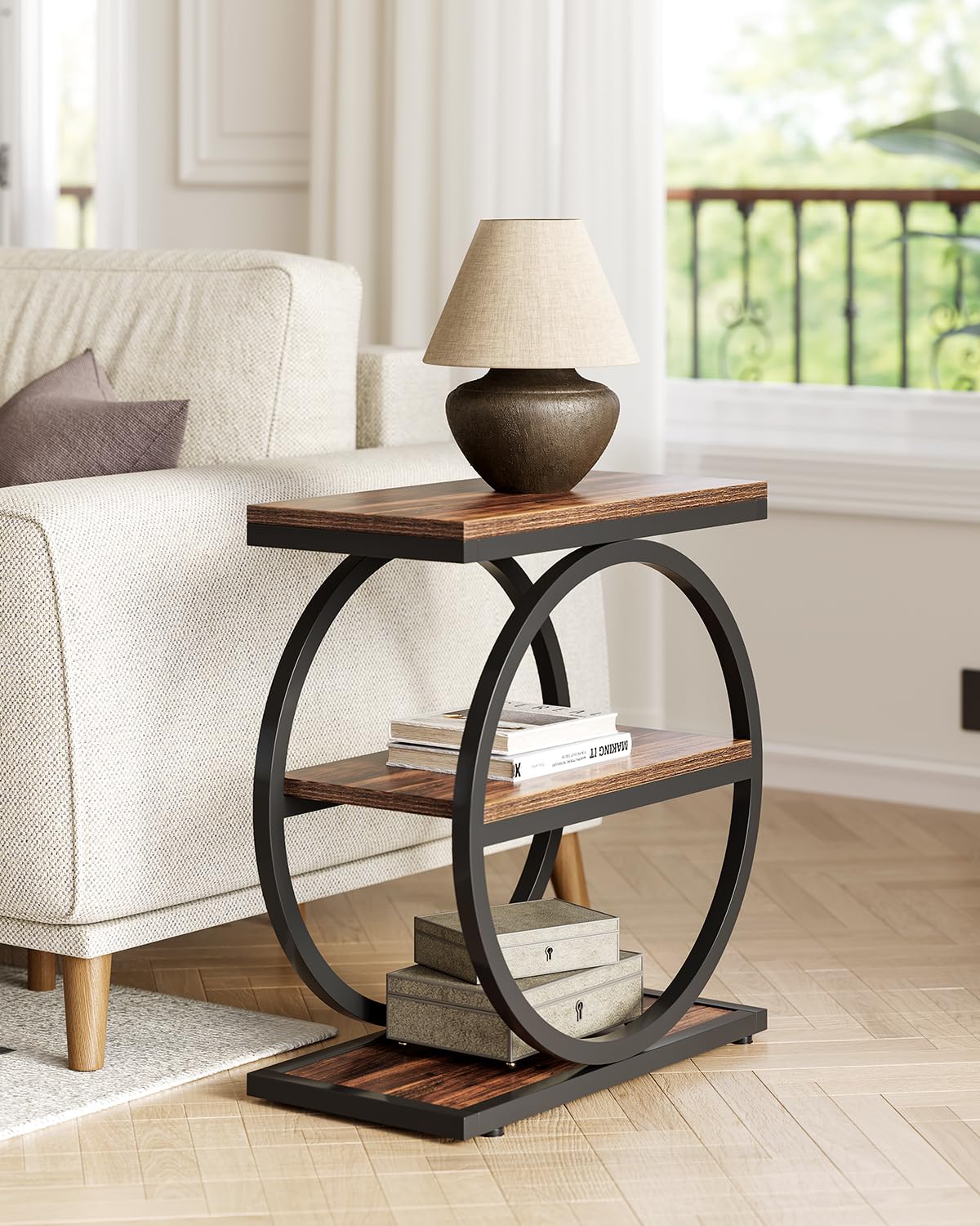 LITTLE TREE End Table in rustic brown and black finish adds industrial charm and sturdy storage.