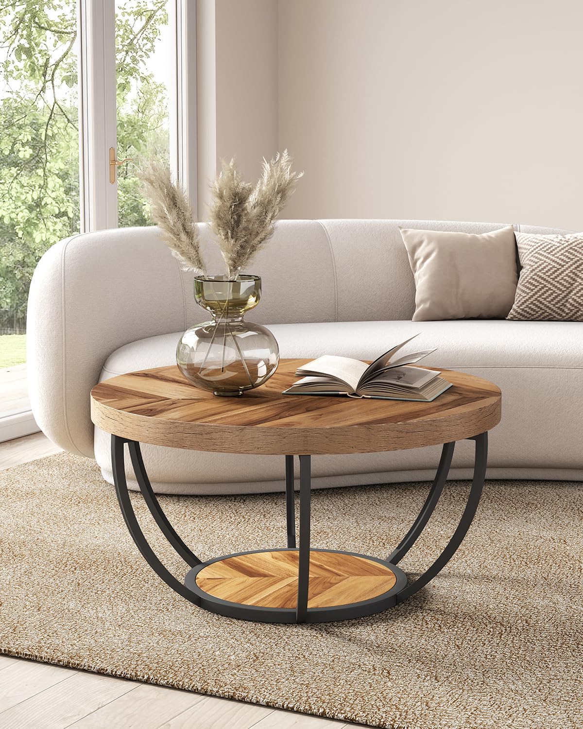 Little Tree round coffee table with six metal legs provides solid support.