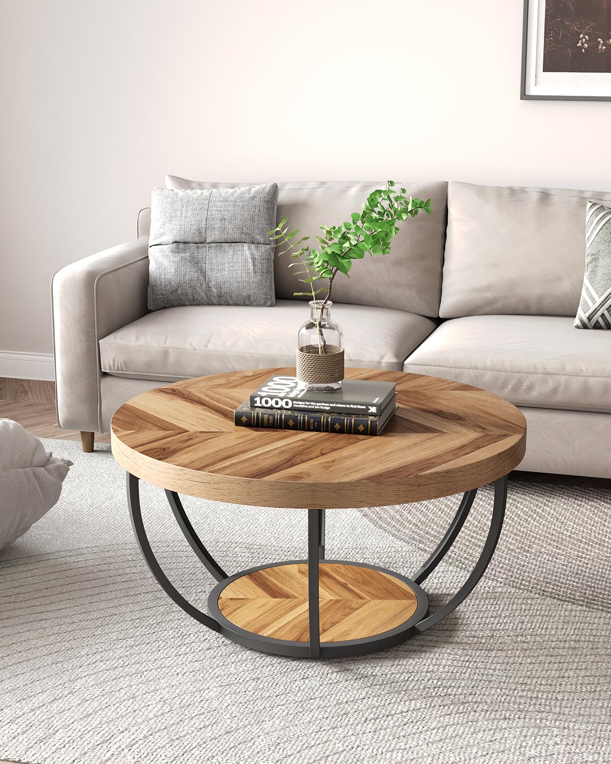 Little Tree round coffee table bottom shelf stores remotes and magazines neatly.