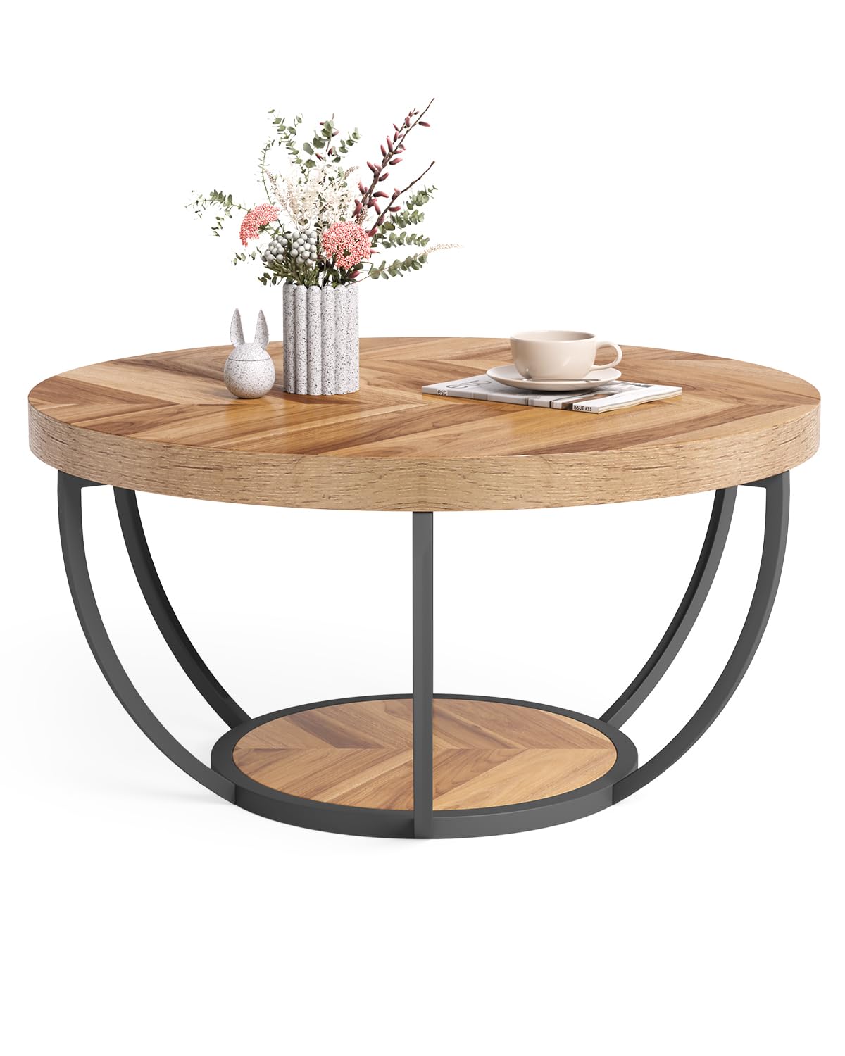Little Tree round coffee table wood top offers sturdy surface for everyday living room use.