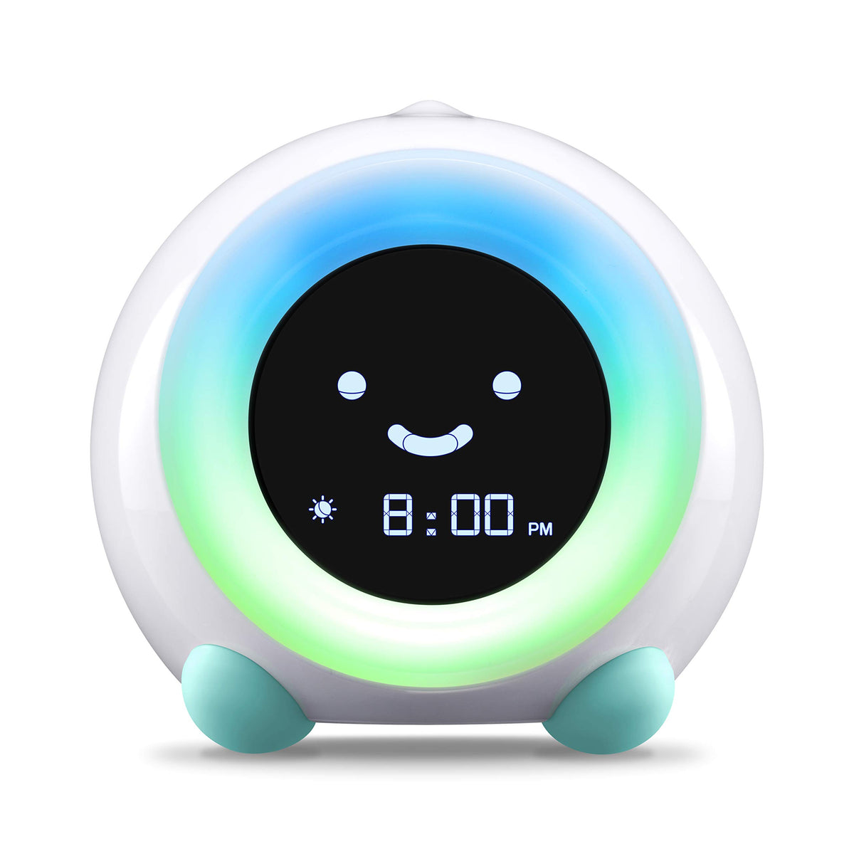 LittleHippo Mella Arctic Blue alarm clock on a nightstand glows to signal wake time for calmer mornings.