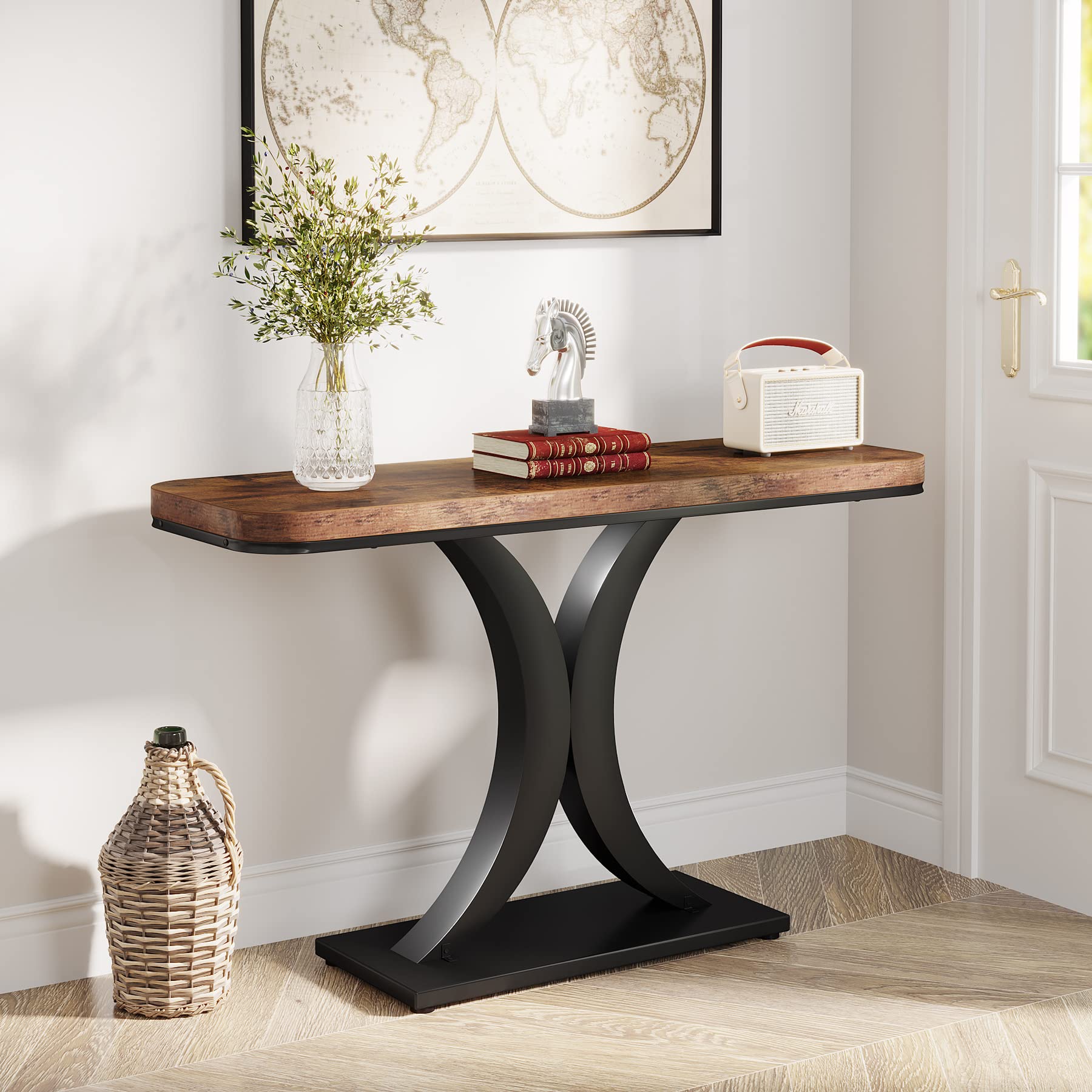 LITTLE TREE console with geometric base provides sturdy hall storage and chic appeal