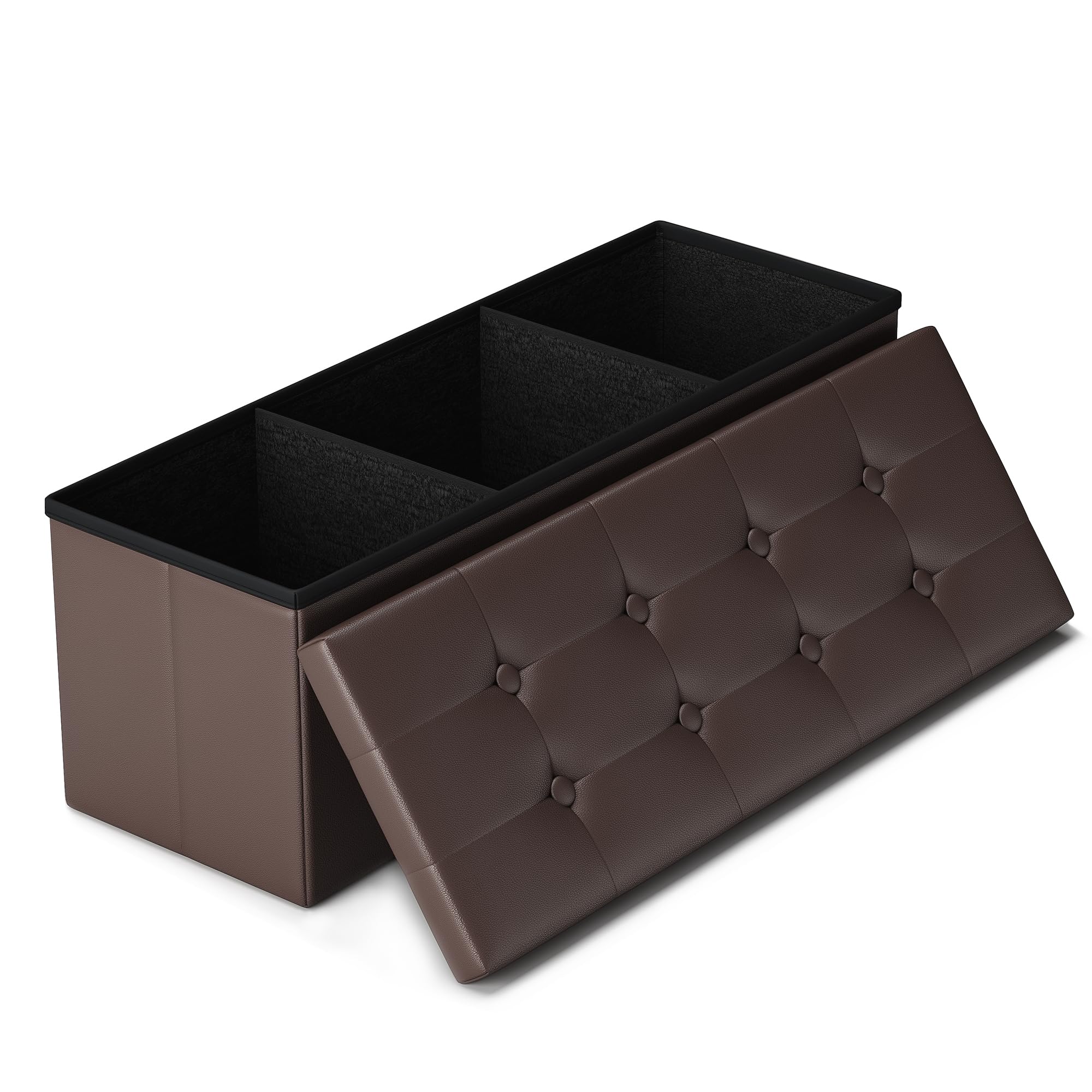LITZFUR 43-inch folding ottoman bench closed in brown PU leather for discreet storage