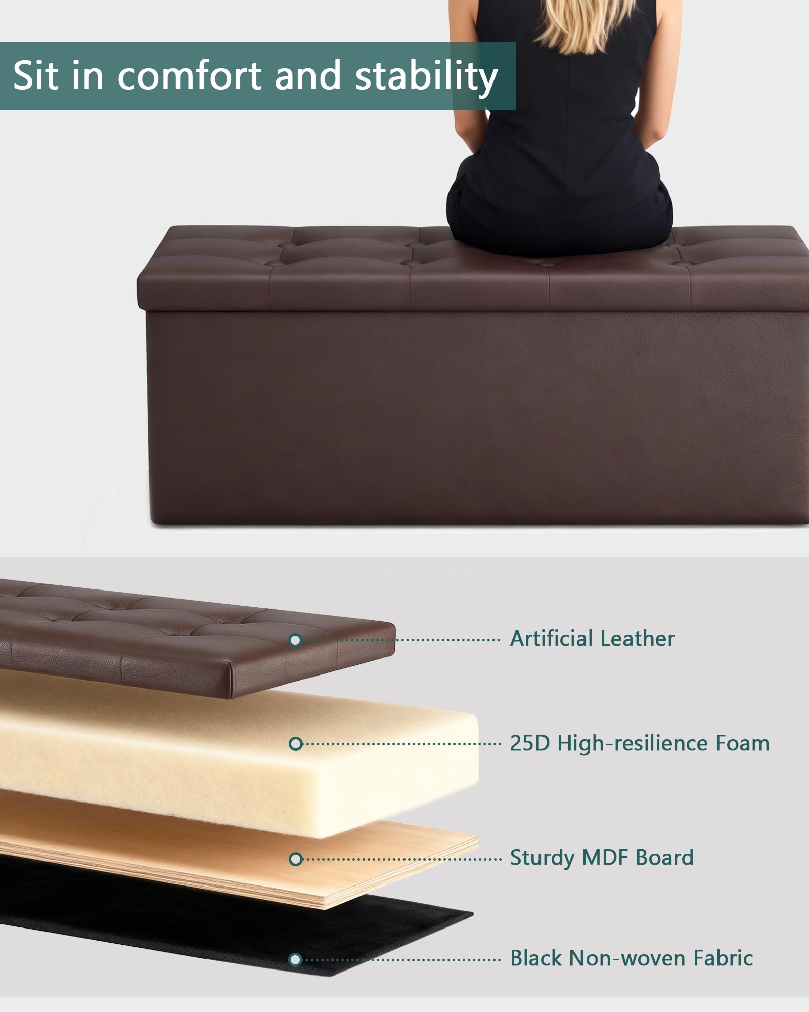 LITZFUR brown storage bench showing divider for organized textiles and toys