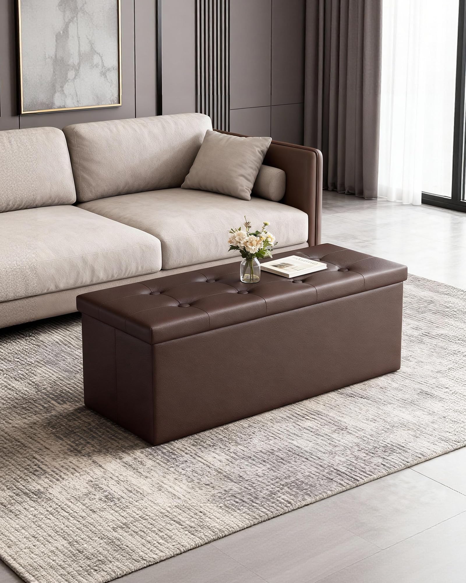LITZFUR 43-inch folding ottoman bench open shows spacious interior for blankets and clothes