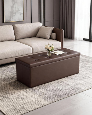 LITZFUR 43-inch folding ottoman bench open shows spacious interior for blankets and clothes