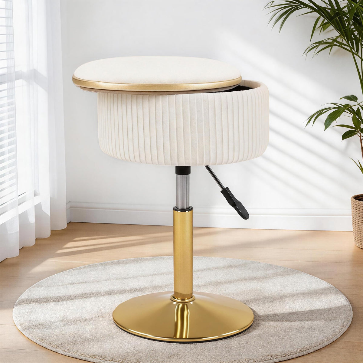 LITZFUR adjustable vanity stool in beige with storage for cosmetics.