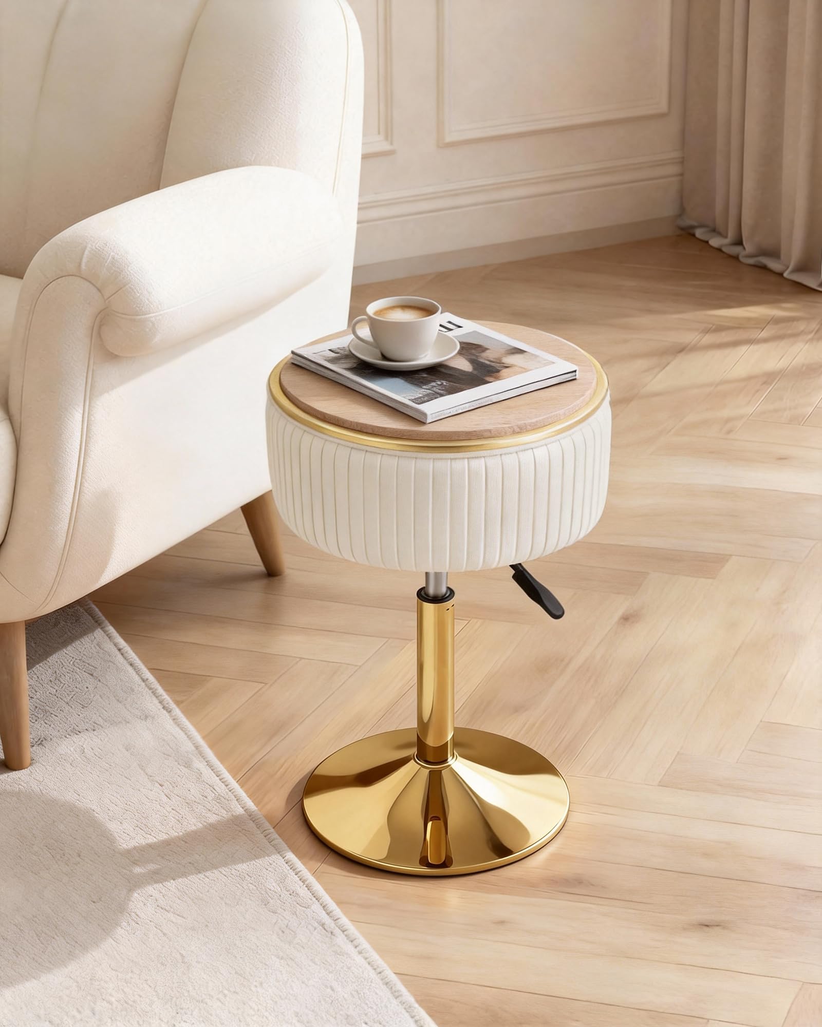 LITZFUR round storage ottoman with 8 liters of hidden space.