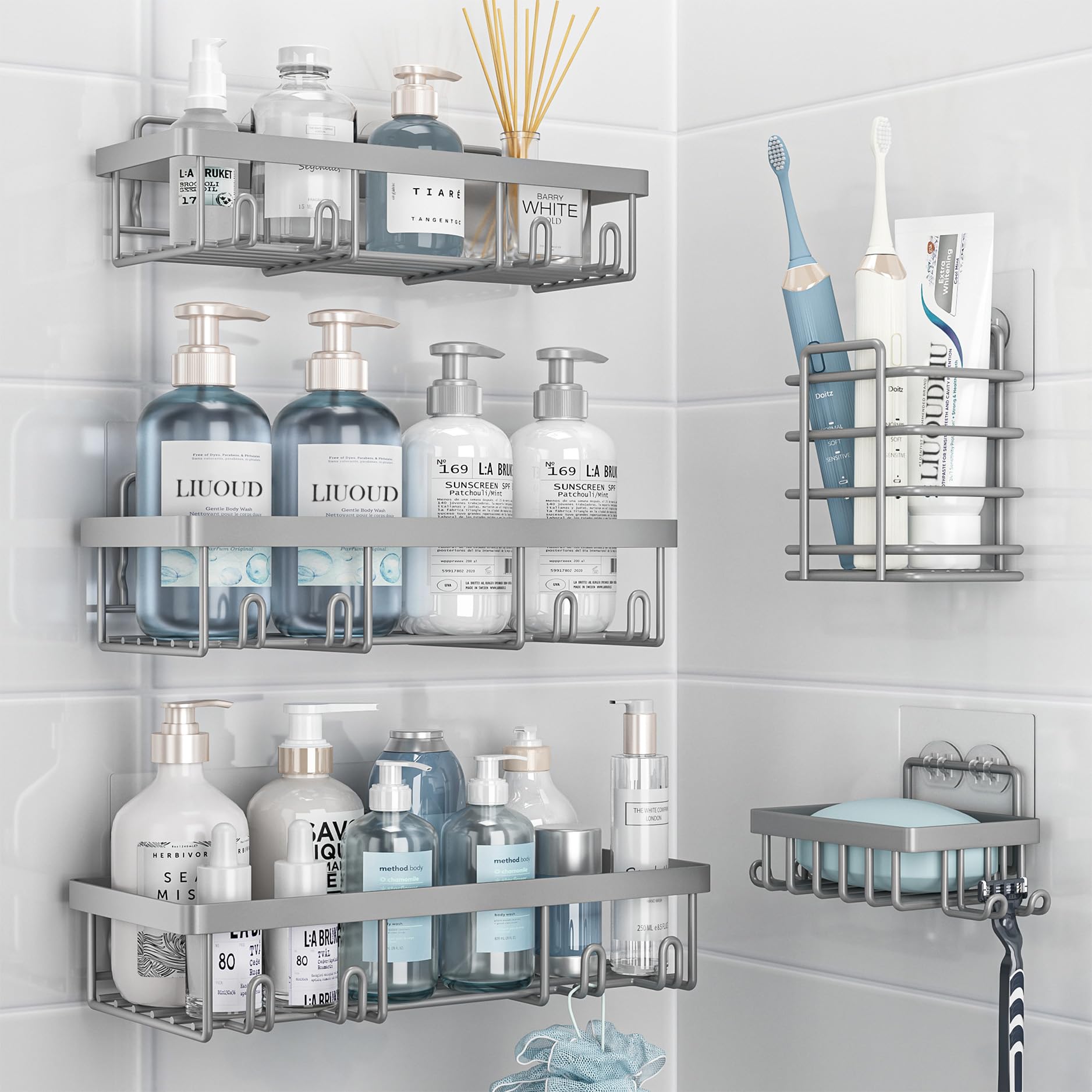 Liuoud 5-pack shower caddies grey for compact bath storage.