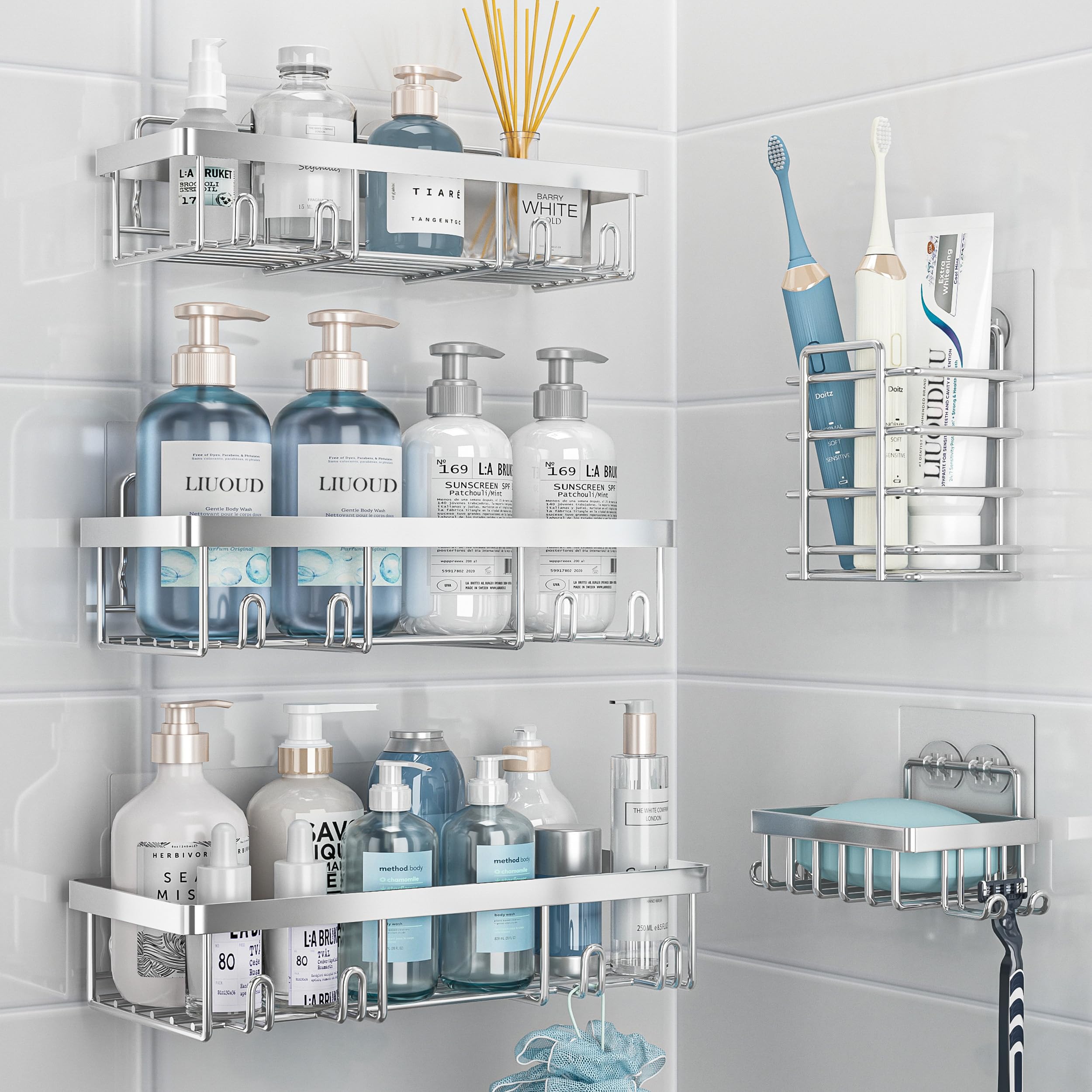Liuoud 5-pack shower caddy on wall provides organized bathroom storage.