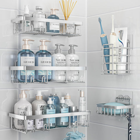 Liuoud 5-pack shower caddy on wall provides organized bathroom storage.