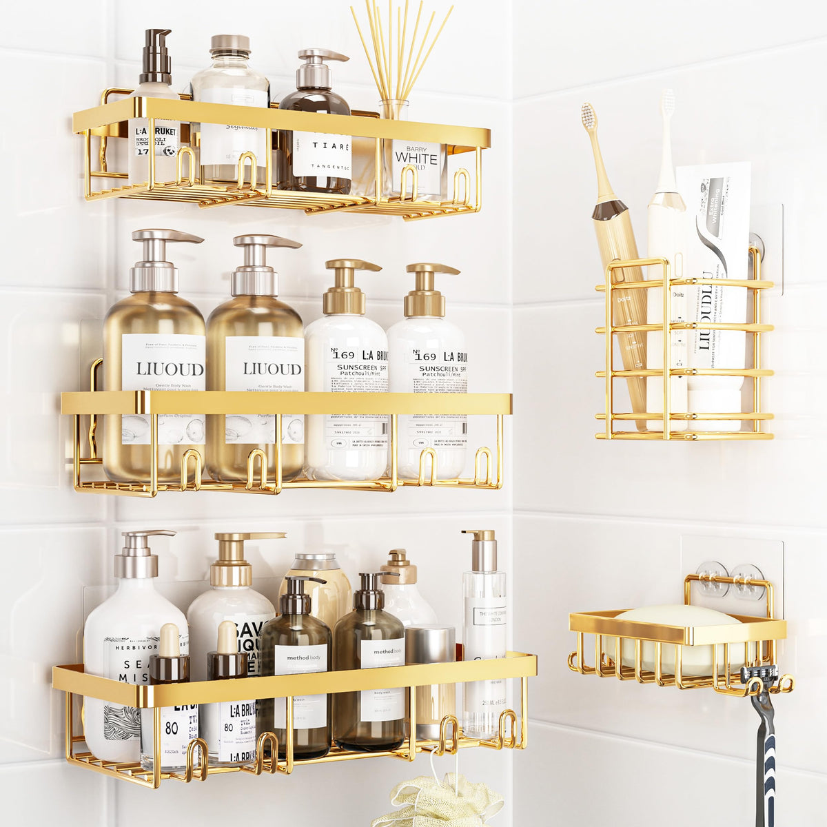 Liuoud 5-pack gold shower caddy set for organized storage.