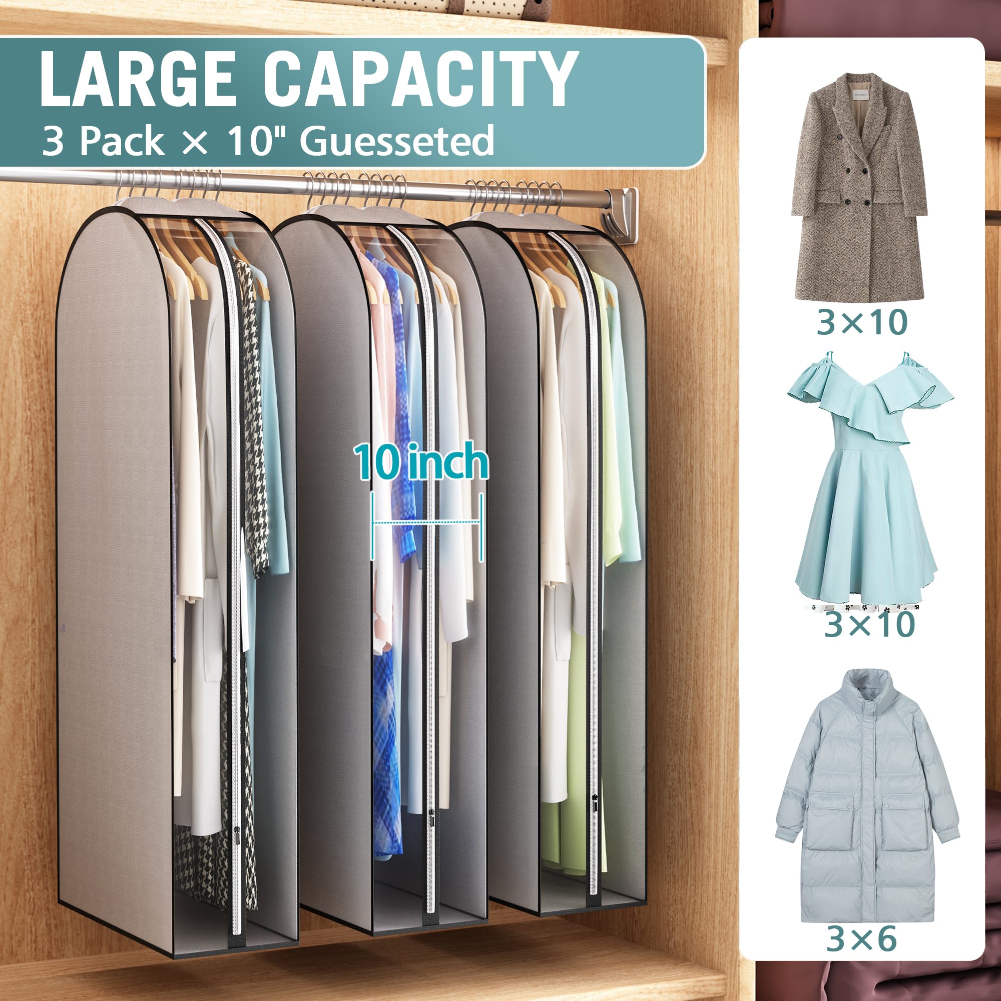 Liuoud 50-inch coat and long garment bag for open closet storage.