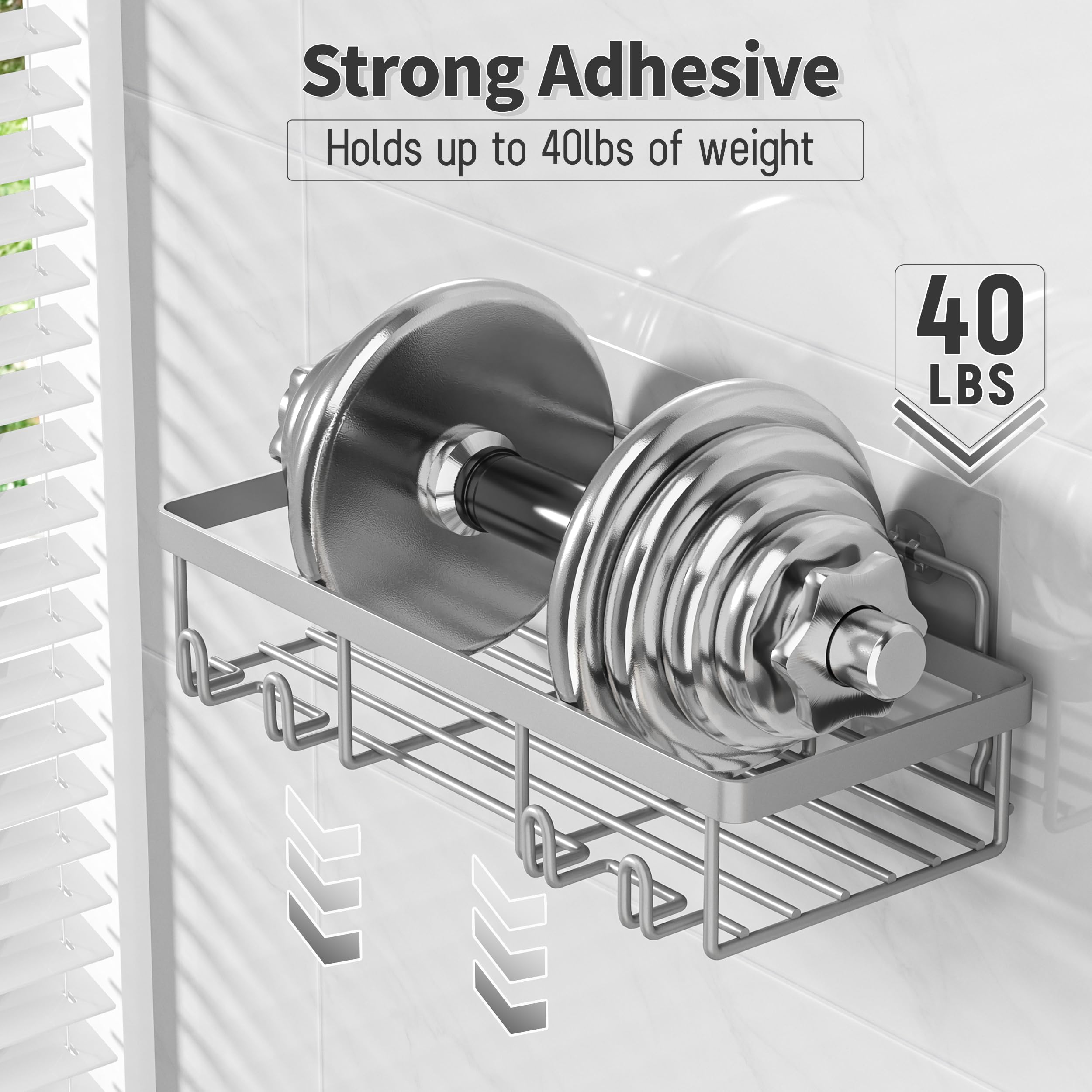 Adhesive strip demonstrates strong 40 lb capacity for bottles.