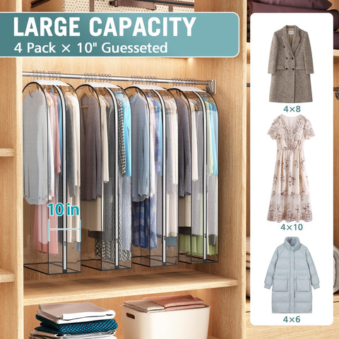 Liuoud clear garment bag 4-pack with side zipper for easy access to garments.