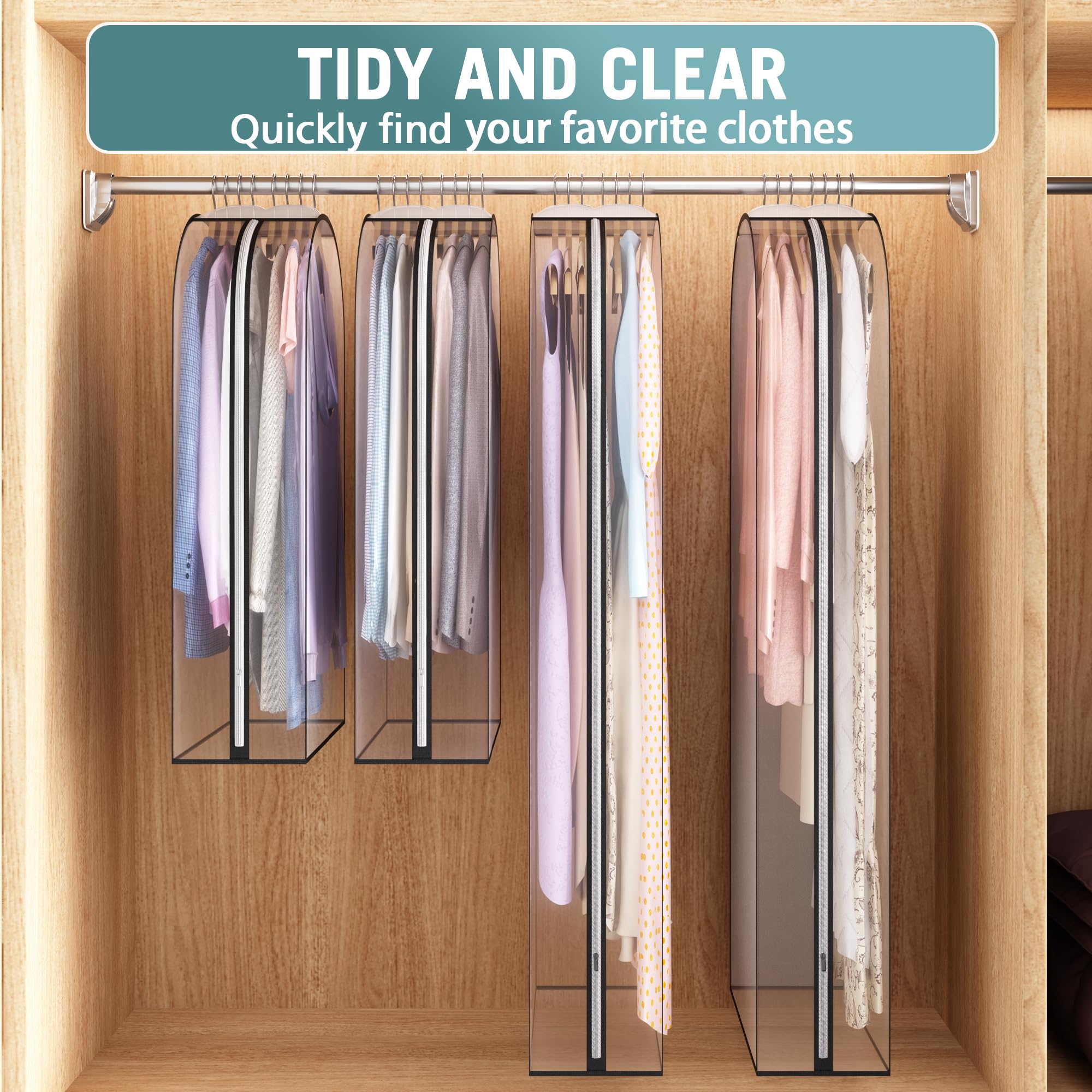 Liuoud clear garment bag in open wardrobe for organized closet storage