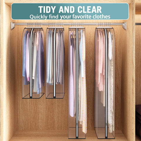 Liuoud clear garment bag in open wardrobe for organized closet storage