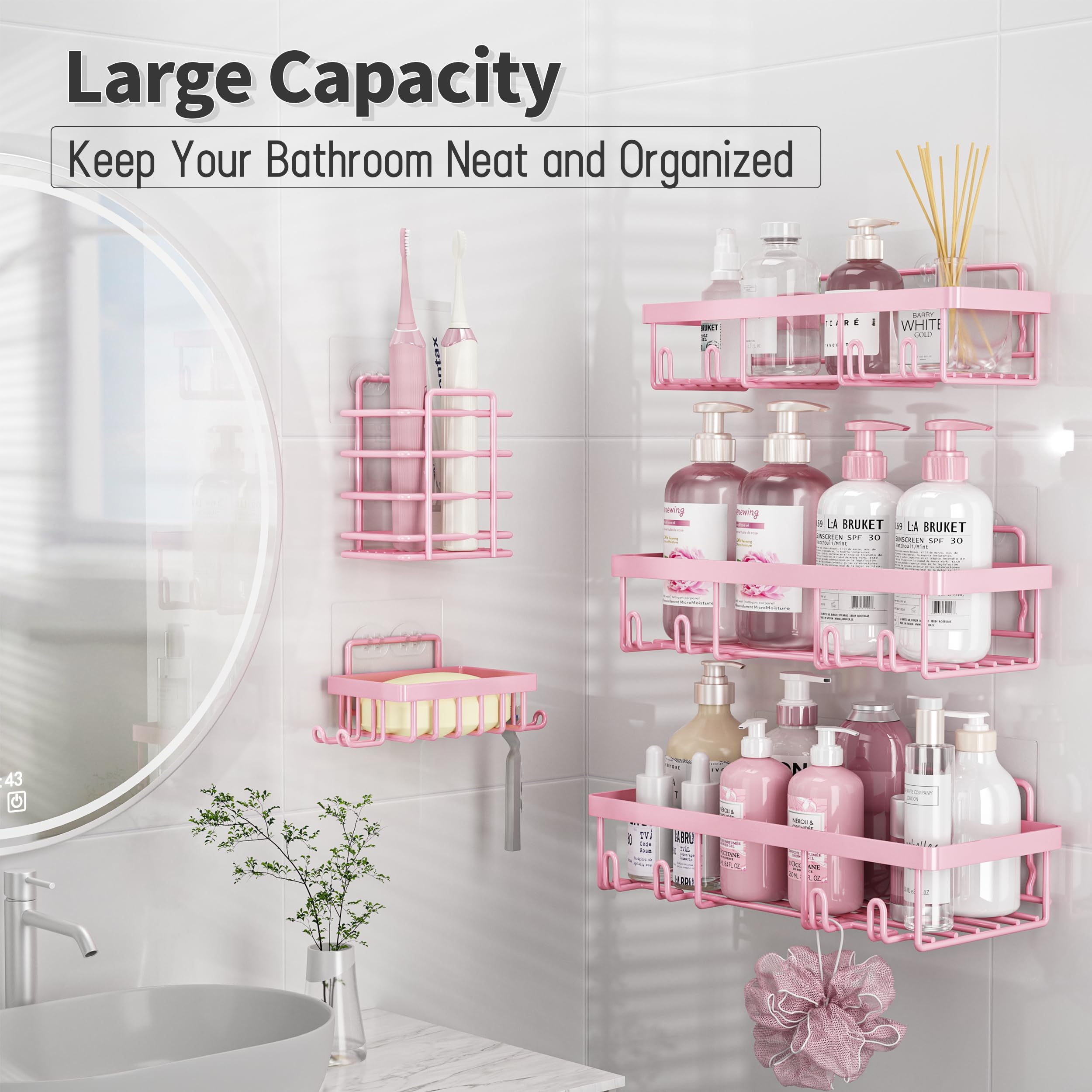 Liuoud pink shower caddies side view highlighting adhesive installation