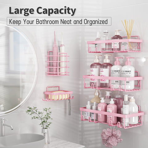 Liuoud pink shower caddies side view highlighting adhesive installation