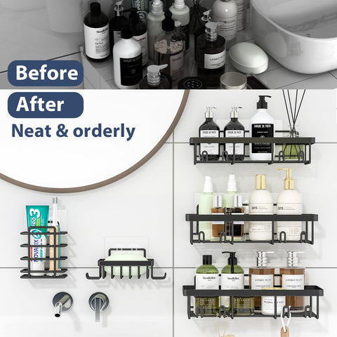 Liuoud shower caddy with six black caddies provides clutter-free storage for toiletries