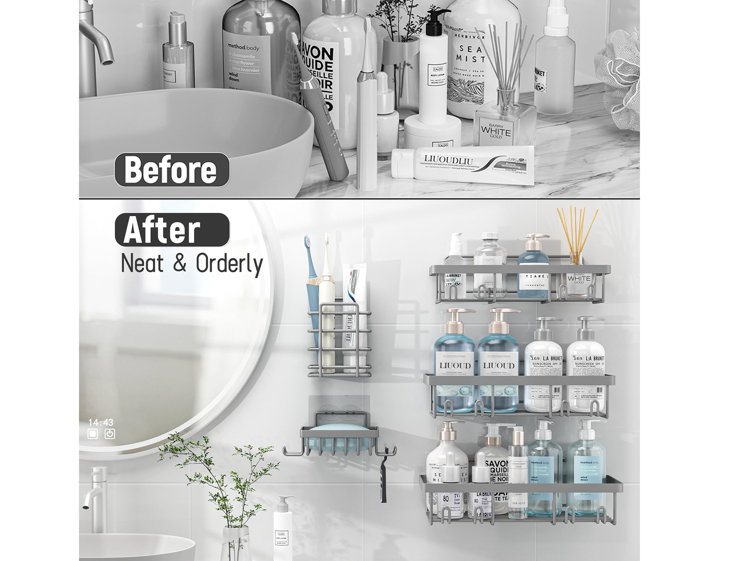 Shower caddy in use with tall shampoo bottles.