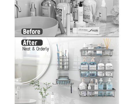 Shower caddy in use with tall shampoo bottles.