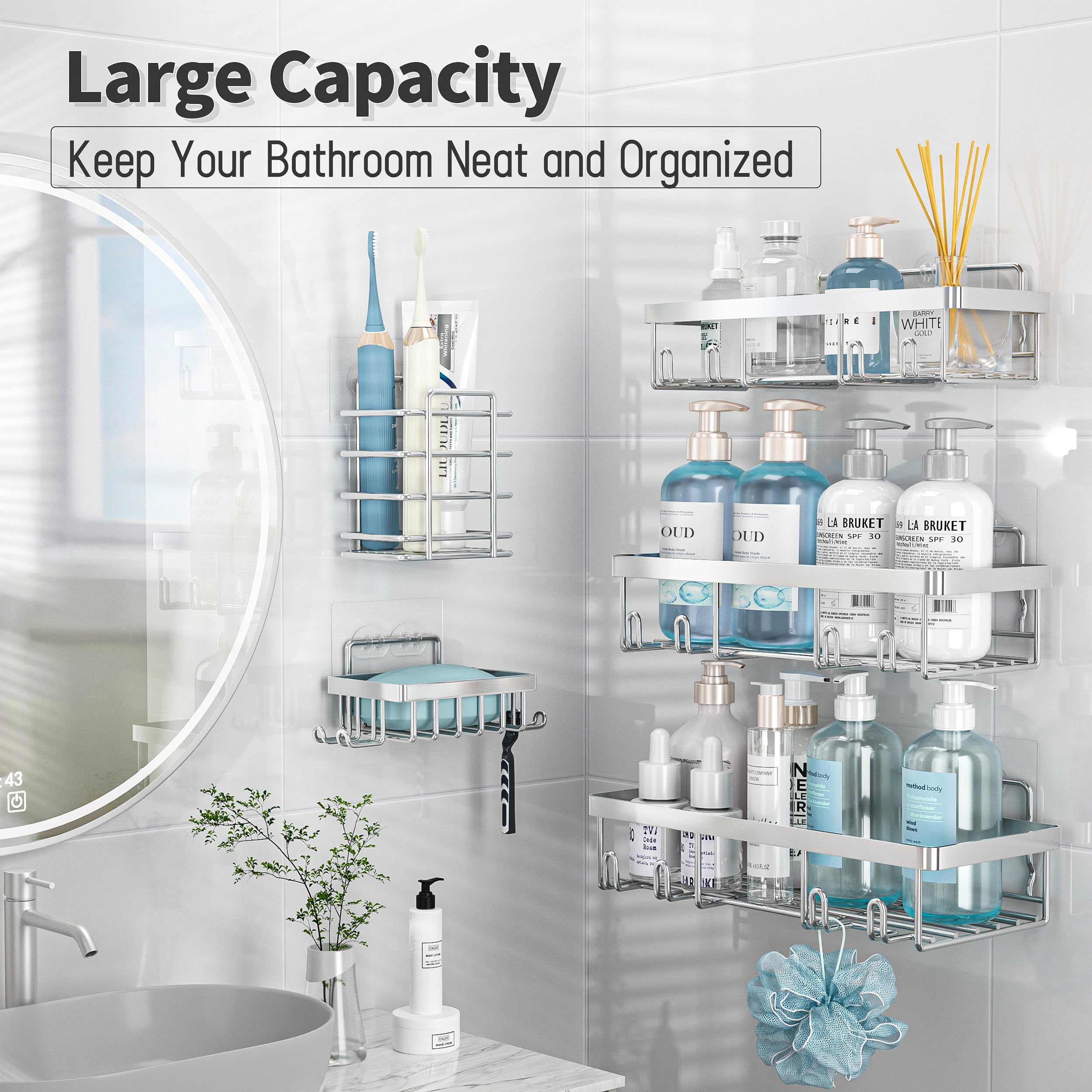 Liuoud soap holder in silver caddy offers easy soap access.