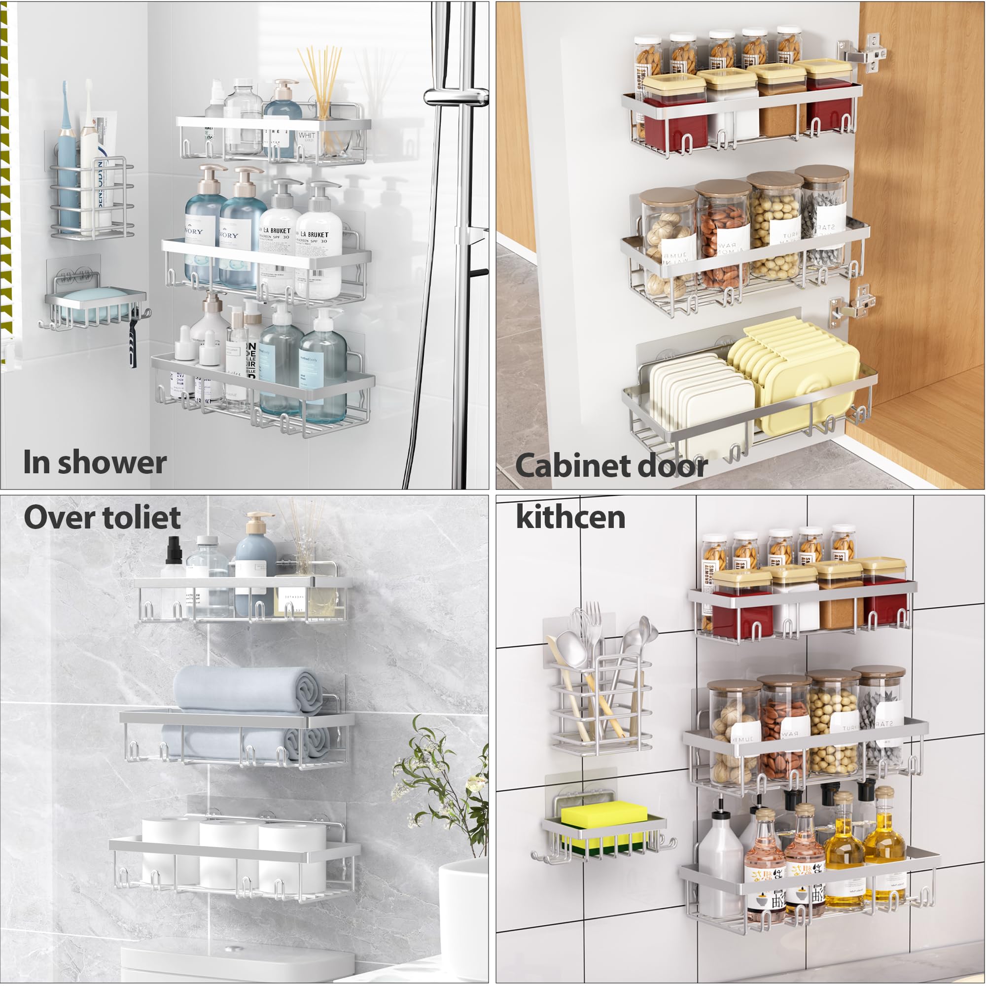 Liuoud silver shower organizer keeps shampoos neatly arranged.