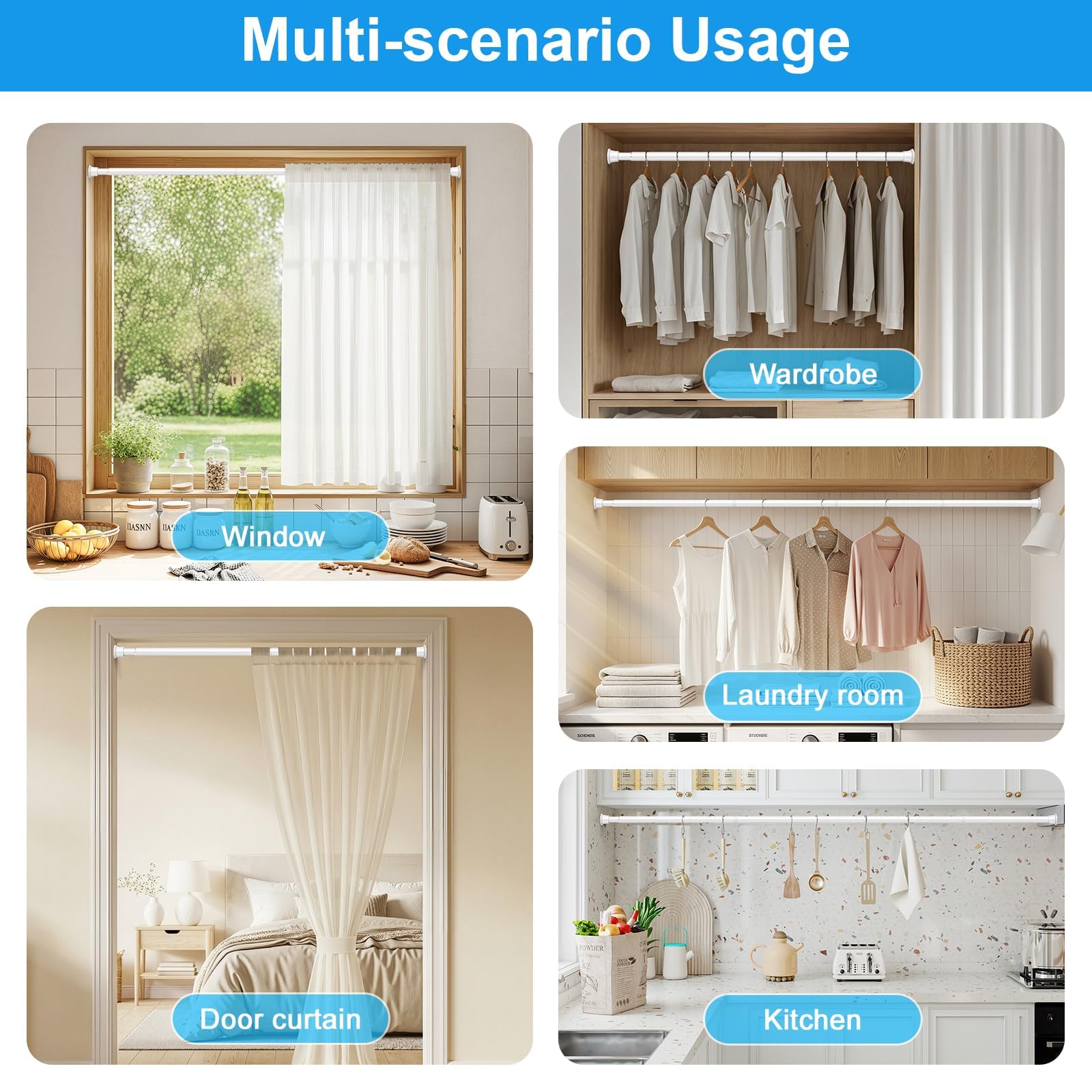 LiuReull white tension rod suits modern interiors.