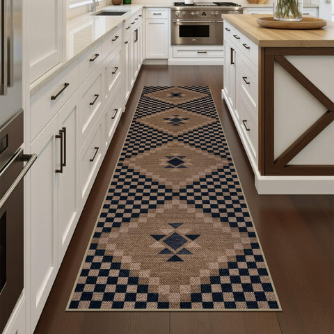 Close-up of LiveBox Easy Jute Runner showing checkered design on hallway floor.