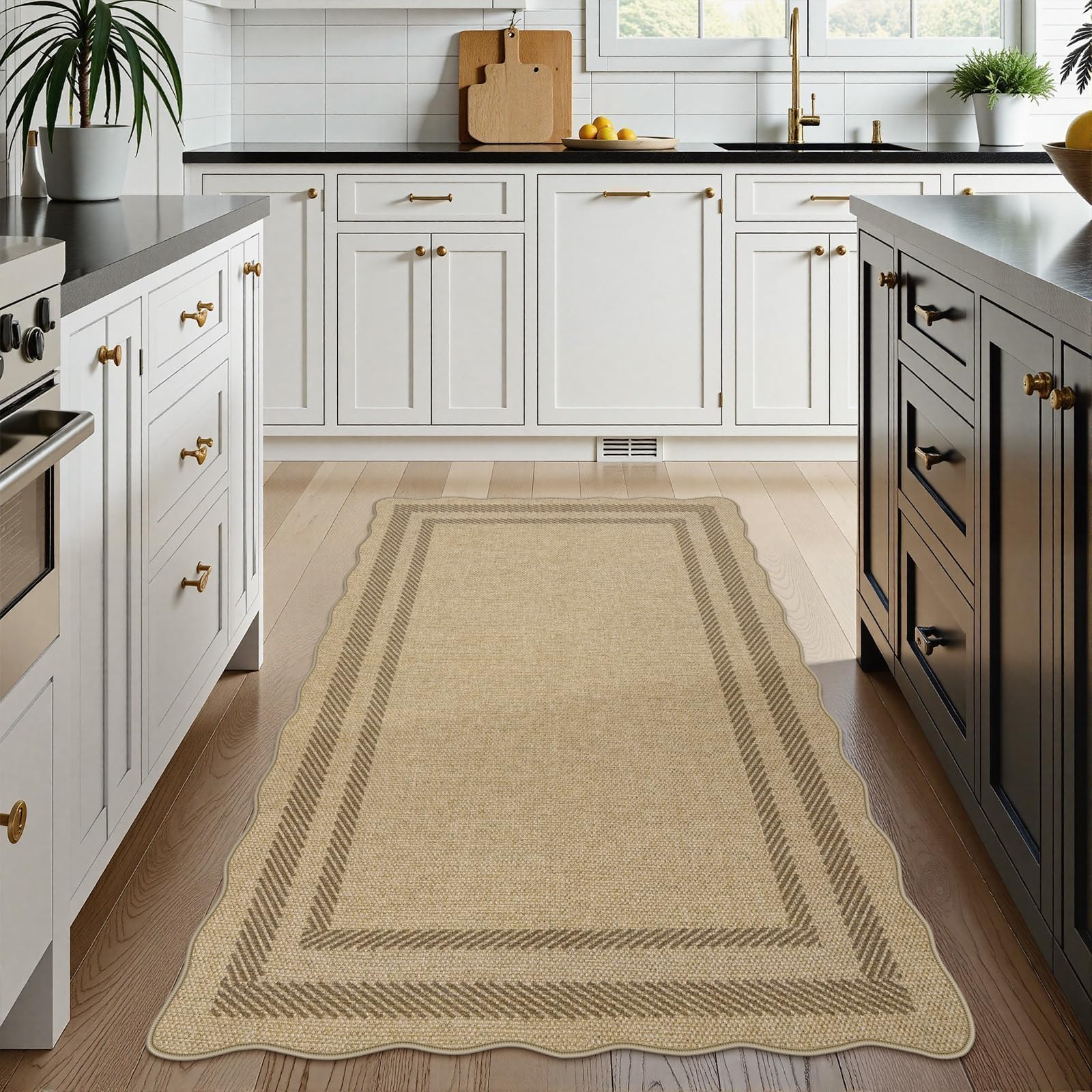 LIVEBOX geometric tan outdoor rug side angle highlights modern decor fit.