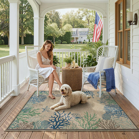 LIVEBOX blue coastal rug enhances entryways with calming marine-inspired hues