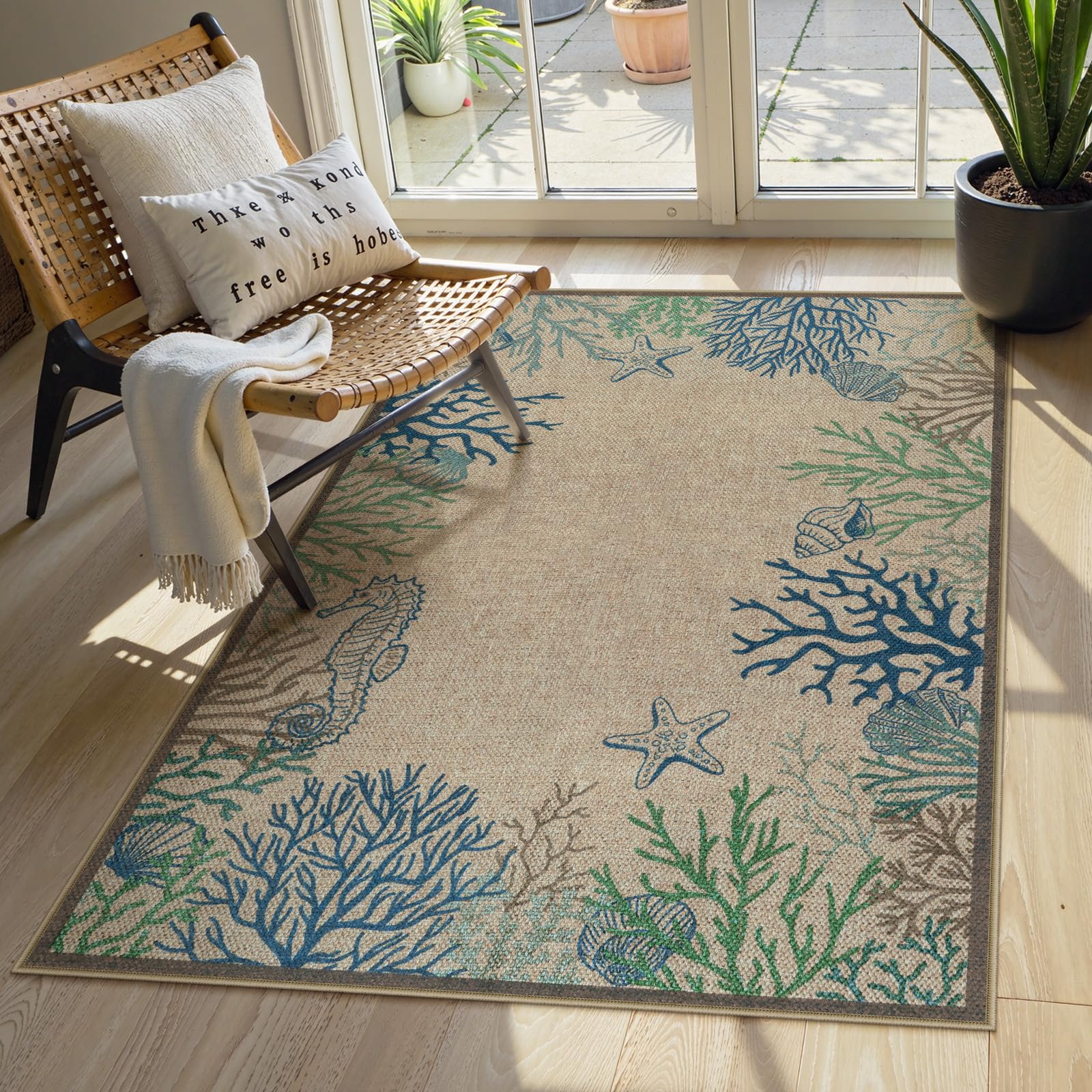 LIVEBOX Modern 3x5 jute outdoor rug with coral design adds coastal charm to entryways